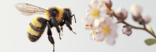 beautifully crafted honeybee, made from yellow, black, and white paper, flutters near a pink flower against a plain white backdrop. The midday light enhances this charming garden depiction. photo
