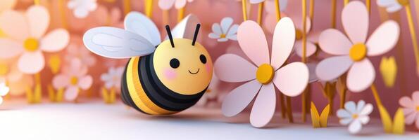 whimsical honeybee made of colorful paper dances around a pink flower under bright midday light, bringing joy to a serene garden atmosphere. photo