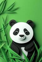 delightful panda crafted from layered black and white paper pieces rests next to a vibrant bamboo stalk, set against a calming green backdrop illuminated by early morning light. photo