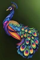 stunning 2D illustration showcases a peacock with an elegant display of layered feathers, bursting with vibrant blues, greens, and purples, all set against a serene dark green background. photo