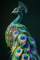 artistic creation features a peacock with a captivating display of colorful paper feathers, radiating blues, greens, and purples, highlighted by a warm sunset ambiance. photo