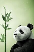 charming panda crafted from layered black and white paper sits peacefully beside a vibrant green bamboo stalk, adorned with soft morning light in a minimalistic setting. photo
