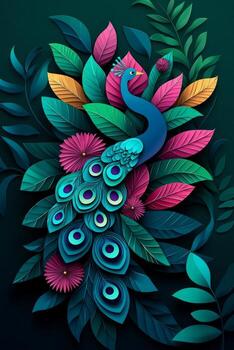 stunning peacock displays its colorful fan of feathers, intricately crafted from layered paper. The vibrant hues shimmer under sunset lighting, creating an exotic atmosphere. photo