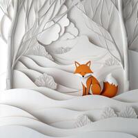 charming red fox rests in a serene snowy landscape, crafted from layered paper, capturing the beauty of winter during midday in a whimsical children's book style. photo