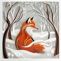 vibrant red fox sits gracefully amidst a snowy landscape, surrounded by delicate paper trees and light grey skies, inviting wonder in a winter tale. photo