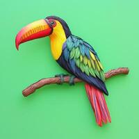 lively toucan with a brilliantly colored beak and vibrant feathers rests gracefully on a branch, surrounded by a light green backdrop, perfect for children's decor. photo
