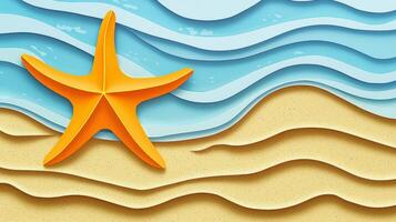 beautiful starfish in shades of orange and yellow lies upon beige sand, surrounded by gentle waves of light blue, capturing a serene morning coastal atmosphere. photo