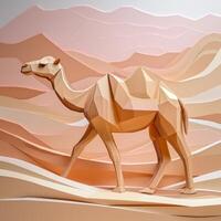 camel strolls through undulating sand dunes made of layered paper, bathed in warm sunset hues against a gentle pink sky, exemplifying minimalist desert beauty. photo