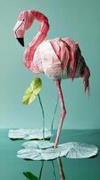 stunning artwork features a pink paper flamingo standing elegantly on one leg in a serene pond, surrounded by green and blue lily pads under the gentle morning light. photo