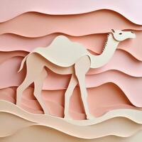Crafted with layers of brown and beige, a camel strolls through wavy sand dunes, the gentle pink hues of dusk enveloping the scene in serene beauty. photo