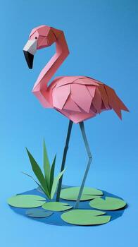 graceful flamingo balances on one leg, surrounded by colorful lily pads and gentle water ripples, basking in the soft morning light of a tropical paradise. photo