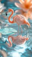 vibrant flamingo balances elegantly on one leg amidst tranquil water, where soft ripples reflect the tropical scene bathed in gentle morning light. photo