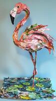 beautifully crafted flamingo stands on one leg atop green lily pads in a shimmering pond, surrounded by vibrant layers of pink and blue paper, capturing a serene tropical morning. photo