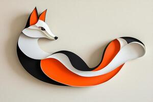 meticulously crafted paper fox displays layers of orange, black, and white, with its tail curled playfully. It captures the essence of artistic minimalism under gentle midday light. photo