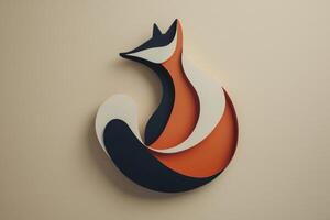 paper art showcases a striking fox design, its curled tail emphasizing a playful stance, set against a soft beige background that enhances its vibrant colors. photo