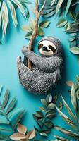 charming sloth clings to a textured branch surrounded by lush green leaves against a light blue backdrop, evoking a playful jungle atmosphere. photo