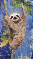 delightful sloth relaxes on a branch, surrounded by vibrant green leaves and a cheerful light blue background, capturing the essence of a playful jungle atmosphere. photo