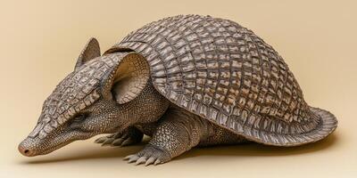 artwork showcases a stylized armadillo, intricately curled into a ball, crafted from grey and brown paper. Set against a simple beige backdrop, it captures the essence of a desert habitat. photo