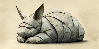intricately designed armadillo rests curled in a ball, showcasing an artistic fusion of grey and brown paper textures under midday light, set in a minimalist desert-inspired backdrop. photo