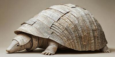 captivating artwork features a curled armadillo, showcasing layered grey and brown paper that forms its unique armor, set against a neutral background. photo