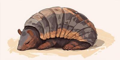 art piece features a charming armadillo curled into a ball, its body armor composed of grey and brown paper layers. The minimalist desert-themed setting enhances its serene presence. photo