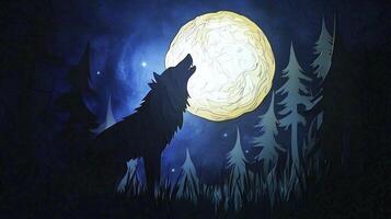 silhouette-style wolf, crafted from shades of grey and white paper, howls at a vibrant yellow full moon set against a deep blue night sky, evoking a tranquil forest theme. photo