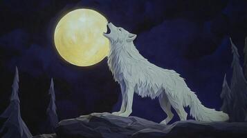 Silhouette of a wolf crafted from grey and white paper, howling towards a glowing yellow moon against a dark blue night sky. A minimalist and artistic representation of nature. photo