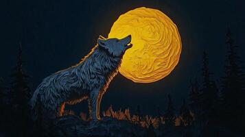striking depiction of a wolf howling at a radiant full moon crafted from paper. Set against a dark blue sky, it captures the essence of a tranquil forest night. photo
