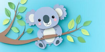 charming artwork features a koala playfully hanging from a tree branch amid vibrant green leaves, set against a calming light blue background, embodying the spirit of Australian wildlife. photo