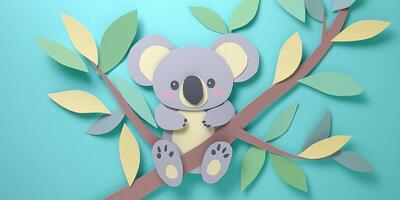 charming koala made of grey paper playfully clings to a tree branch, nestled among green leaves on a soothing light blue backdrop illuminated by morning sunlight. photo