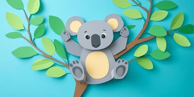 delightful koala, crafted from shades of grey paper, clings to a tree branch surrounded by lush green leaves, illuminated by soft morning light. photo