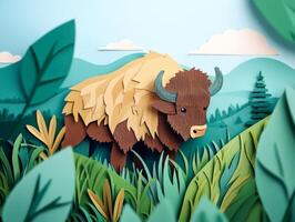 intricate paper art piece features a realistic bison, expertly shaped from shades of brown and tan, as it stands gracefully in a vibrant grassy field under a light blue sky. photo