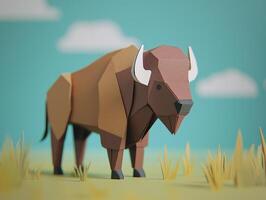 beautifully crafted bison made from shades of brown and tan paper stands in a vibrant grassy field, basking in afternoon sunlight against a tranquil blue sky. photo
