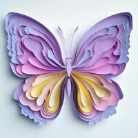 beautifully crafted butterfly shines with layers of paper in shades of purple, pink, and yellow, radiating elegance against a plain white background, illuminated by soft ambient light. photo