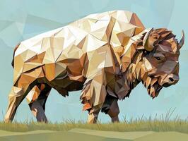 bison, made of intricately layered paper in shades of brown and tan, grazes in a lush green field under a bright afternoon sky, capturing the essence of prairie life. photo
