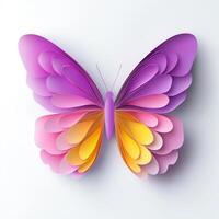Magnificent butterfly crafted in paper art style showcases intricate layers of purple, pink, and yellow, bringing a delicate yet vibrant feel to the serene white background. photo