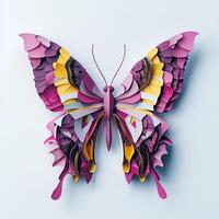 stunning butterfly illustrates the beauty of paper art, featuring intricate layers in shades of purple, pink, and yellow, illuminated softly in a top-down view. photo