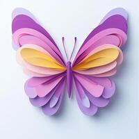 butterfly showcases intricate layers of purple, pink, and yellow paper, its wings spread wide in a stunning display of craftsmanship, illuminated by soft ambient light. photo