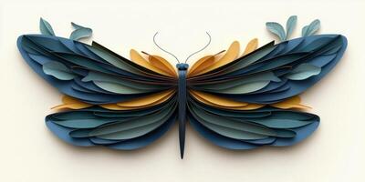 exquisite dragonfly features intricately layered wings of blue, green, and gold, radiating charm and delicacy. The soft light enhances the beautiful paper art against an elegant white backdrop. photo