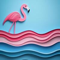 delightful flamingo made from layered pink paper stands gracefully in shallow blue water, evoking a serene tropical atmosphere against a plain white backdrop. photo