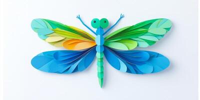 artwork showcases a stunning dragonfly crafted from layered paper, displaying radiant shades of blue, green, and gold with wide-spread wings, emphasizing delicate details in an artistic display. photo