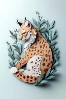 artwork depicts a lynx in thoughtful repose within a serene forest, showcasing detailed paper layers that capture the essence of this majestic animal amid vibrant green foliage. photo