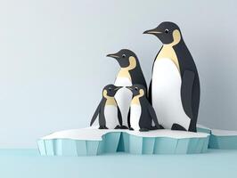 delightful family of penguins features two adults and two chicks, crafted in a whimsical paper cut-out style, set against a light grey backdrop with icebergs. photo
