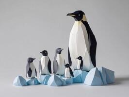 Adventurous penguins gather in a delightful paper cut-out style, featuring adults and chicks amid icy formations, all set in a tranquil polar setting. photo