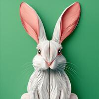 charming rabbit sits upright with its ears perked, showcasing intricate white and pink layers that resemble soft fur against a plain green backdrop, evoking a delightful spring ambiance. photo