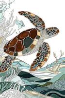 Displaying its intricate shell, a charming sea turtle glides through a colorful underwater world of stylized coral and seaweed, radiating artistic beauty. photo
