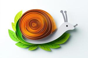 artistic creation features a snail crafted from layered brown and green paper, with a delicate grey body, highlighted in bright midday light, evoking a charming nature theme. photo