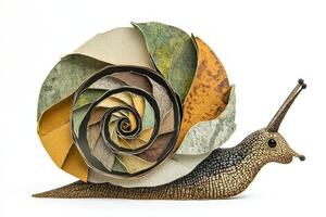 charming snail features a spiraled shell made from layered brown and green paper, beautifully set against a plain white background, presenting a nature-inspired art piece. photo