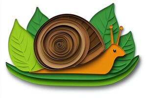 delightful artwork features a snail crafted from layered brown and green paper, showcasing its spiraled shell and soft body, embodying the charm of nature in a playful way. photo