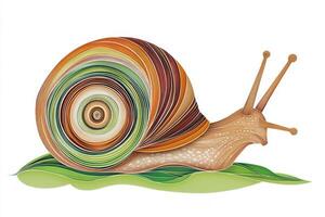 artistic representation showcases a snail crafted from layered paper, featuring a spiraled shell in earthy tones. It's gently illuminated by midday light, enhancing the nature-themed elegance. photo
